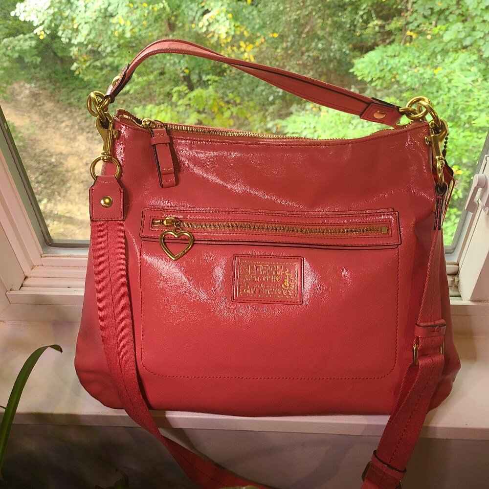 Coach Poppy Pink Papaya Salmon Patent Leather Crossover Shoulder bag